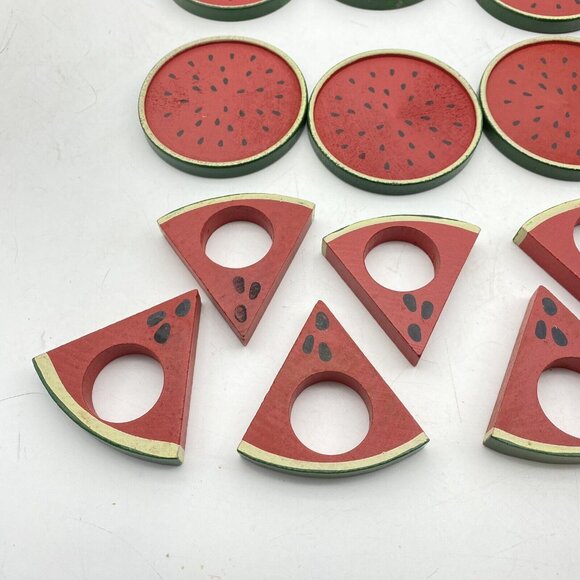 Vtg Watermelon Napkin Rings & Coasters Set 8 Each Summer Picnic Party Farrmhouse - Picture 3 of 9